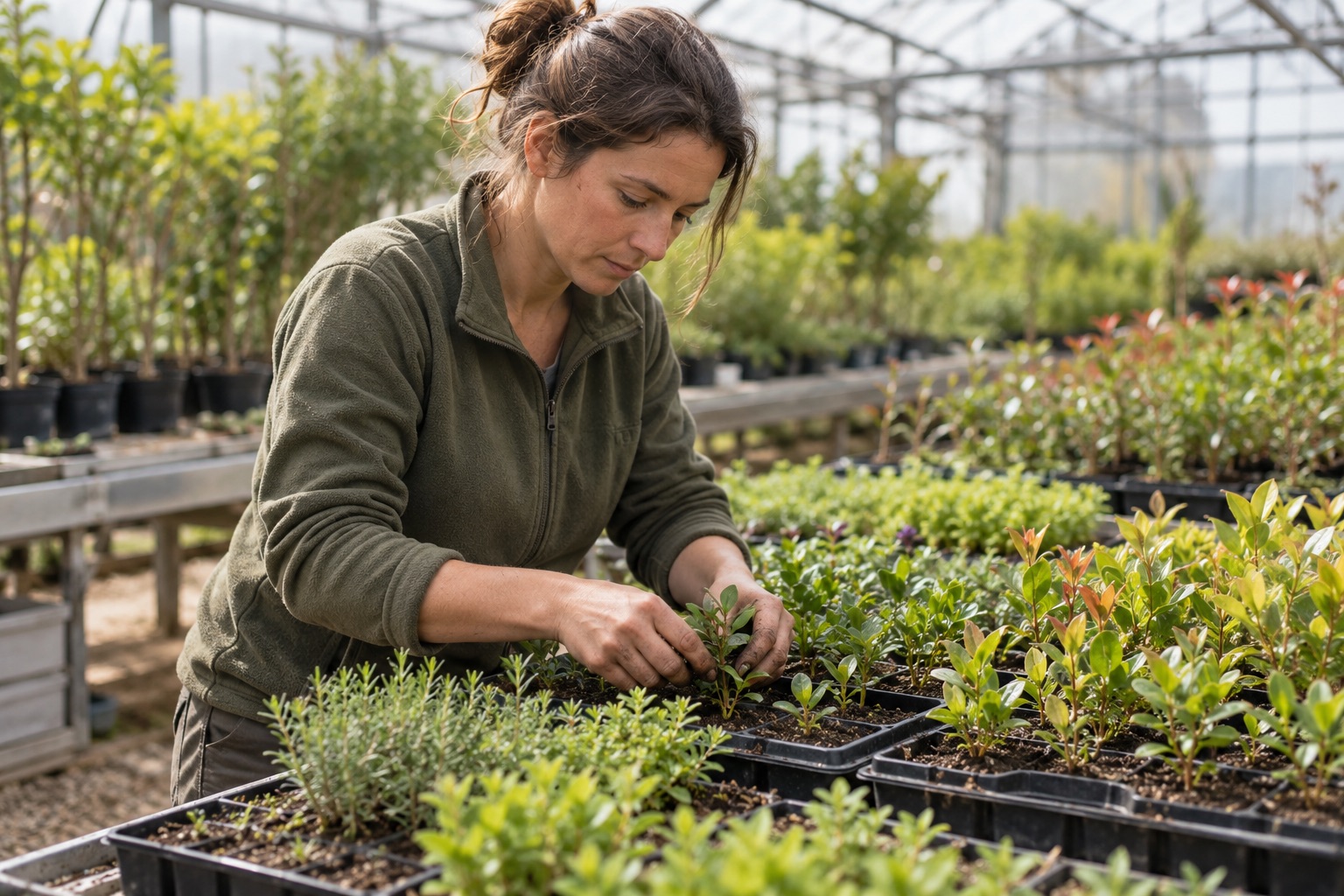 Entretien de jeunes plants en pépinière sous serre