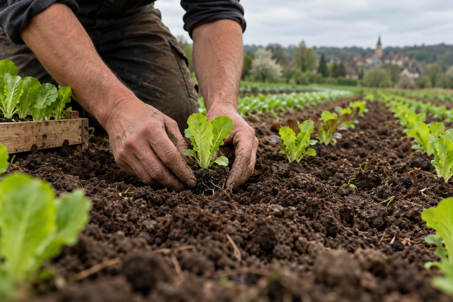 Plantation de jeunes salades dans une terre cultivée