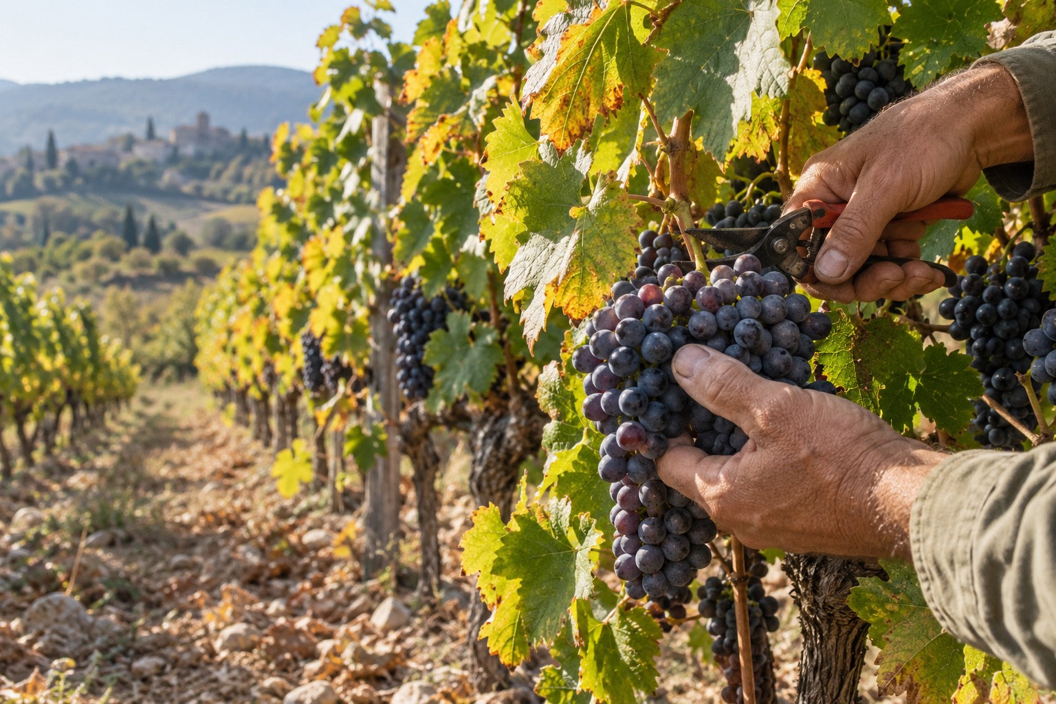 Gros plan sur la récolte manuelle d’une grappe de raisin